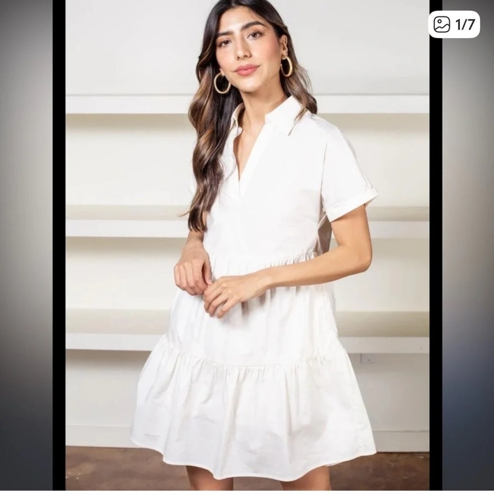 THML White Collared Tiered Mini Dress Small